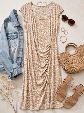 Michael Kors Beige Animal Print Ruched Midi Dress